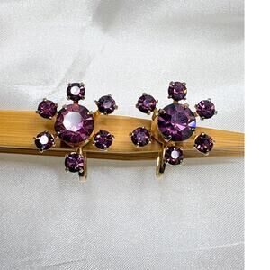 Vintage Signed Coro Purple-Amethyst Rhinestone Floral Design Clip-On Earrings